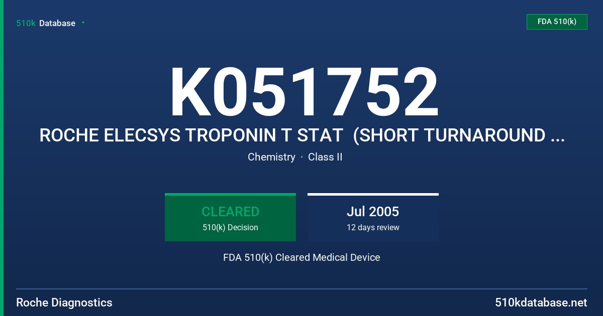 K051752 ROCHE ELECSYS TROPONIN T STAT  (SHORT TURNAROUND TIME) FDA 510(k) Cleared Medical Device