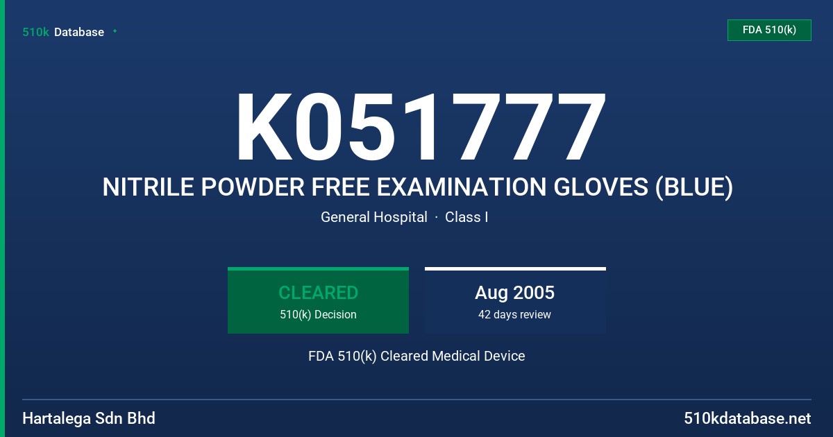 K051777 NITRILE POWDER FREE EXAMINATION GLOVES (BLUE) FDA 510(k) Cleared Medical Device