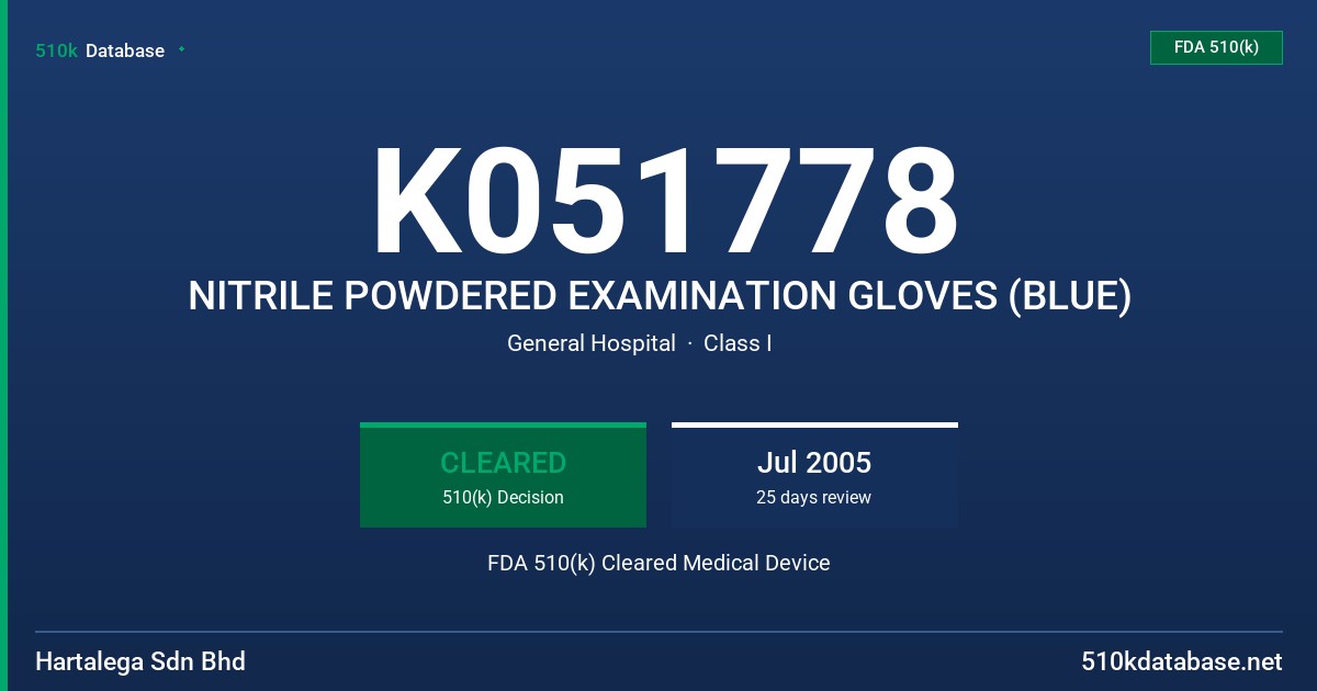 K051778 NITRILE POWDERED EXAMINATION GLOVES (BLUE) FDA 510(k) Cleared Medical Device
