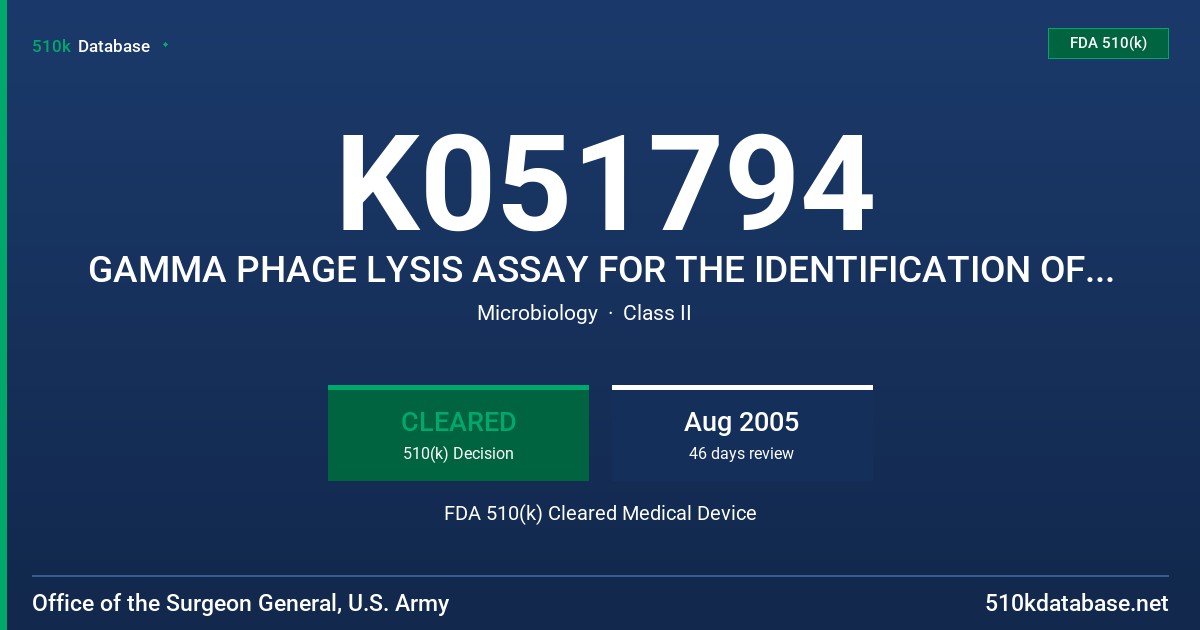 K051794 GAMMA PHAGE LYSIS ASSAY FOR THE IDENTIFICATION OF BACILLUS ANTHRACIS FDA 510(k) Cleared Medical Device