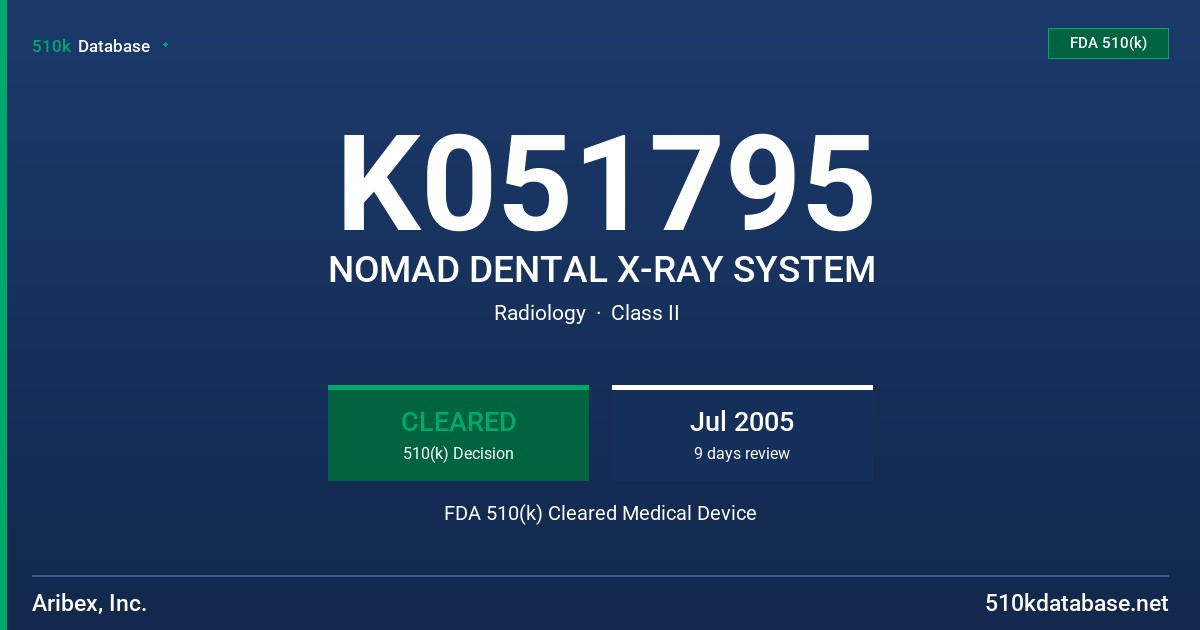 K051795 NOMAD DENTAL X-RAY SYSTEM FDA 510(k) Cleared Medical Device