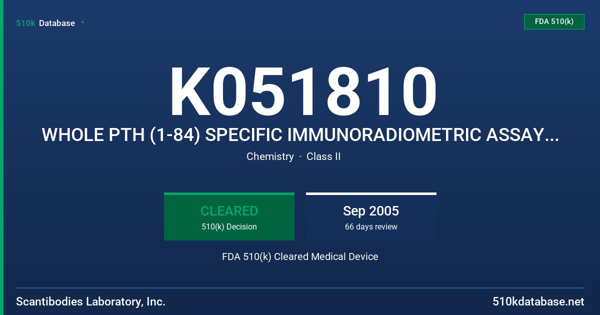 K051810 WHOLE PTH (1-84) SPECIFIC IMMUNORADIOMETRIC ASSAY (IRMA) COATED TUBE KIT, MODEL 3KG014 FDA 510(k) Cleared Medical Device