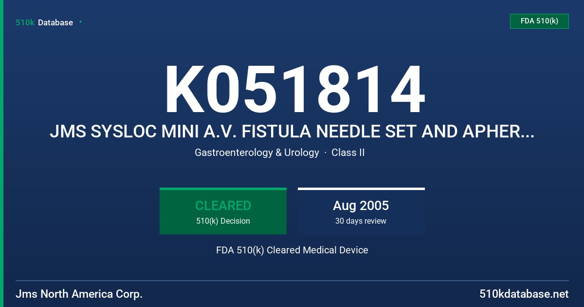 K051814 JMS SYSLOC MINI A.V. FISTULA NEEDLE SET AND APHERESIS NEEDLE SET FDA 510(k) Cleared Medical Device