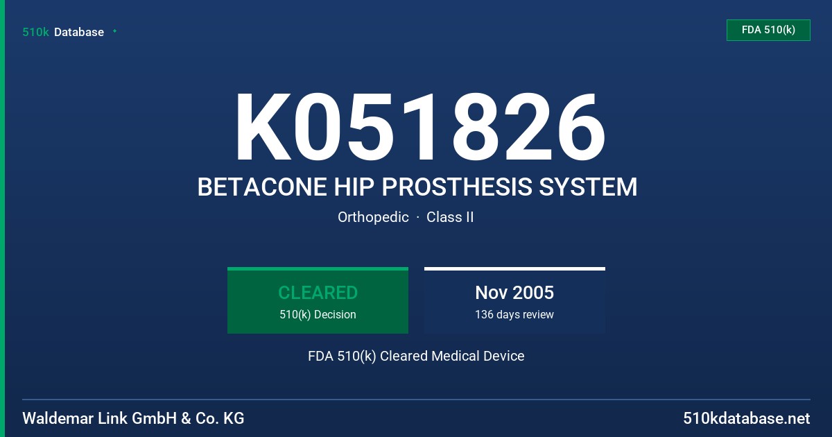 K051826 BETACONE HIP PROSTHESIS SYSTEM FDA 510(k) Cleared Medical Device