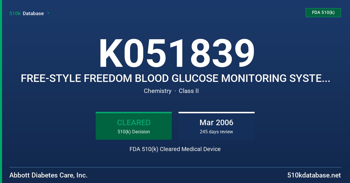 K051839 FREE-STYLE FREEDOM BLOOD GLUCOSE MONITORING SYSTEM, MODEL 11001 FDA 510(k) Cleared Medical Device