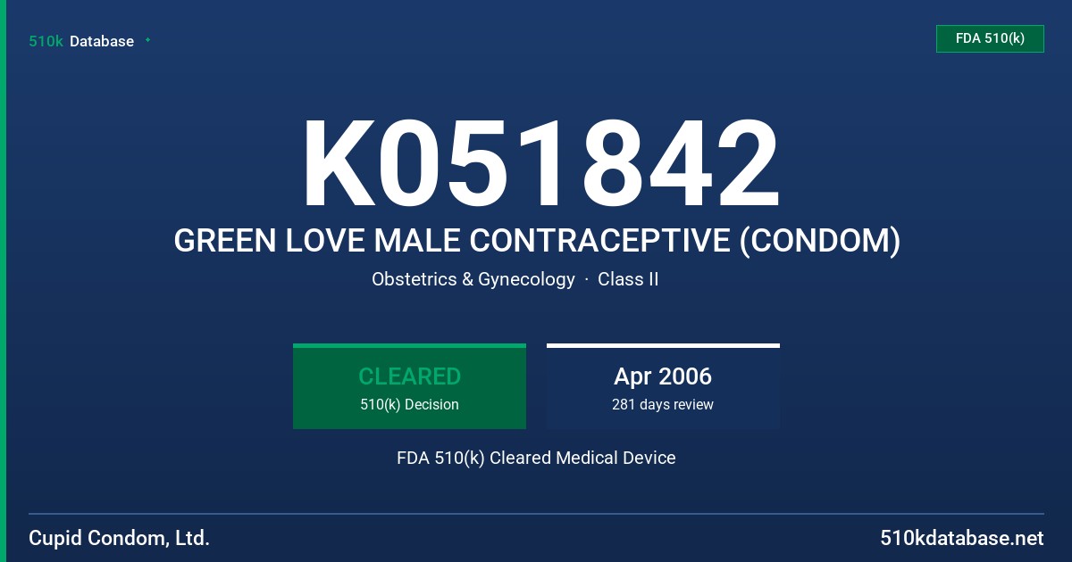 K051842 GREEN LOVE MALE CONTRACEPTIVE (CONDOM) FDA 510(k) Cleared Medical Device