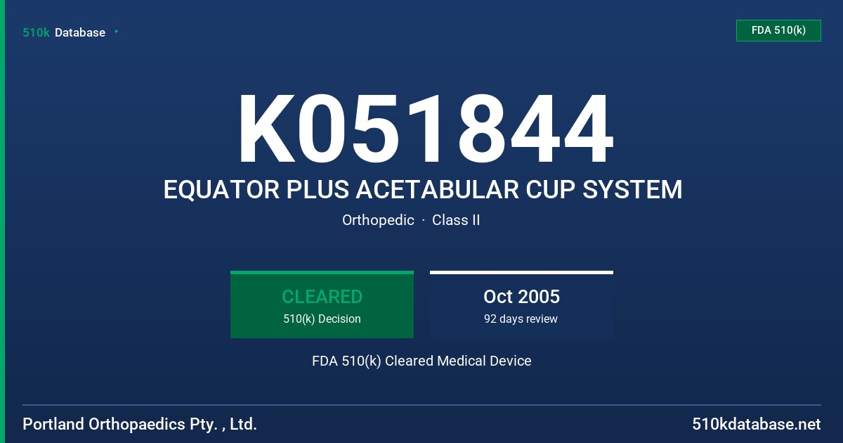 K051844 EQUATOR PLUS ACETABULAR CUP SYSTEM FDA 510(k) Cleared Medical Device