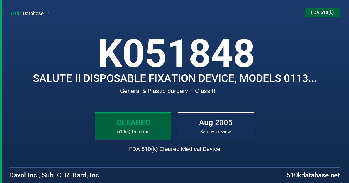 K051848 SALUTE II DISPOSABLE FIXATION DEVICE, MODELS 0113070, 0113072, 0113073, 0113077, 0113079 FDA 510(k) Cleared Medical Device