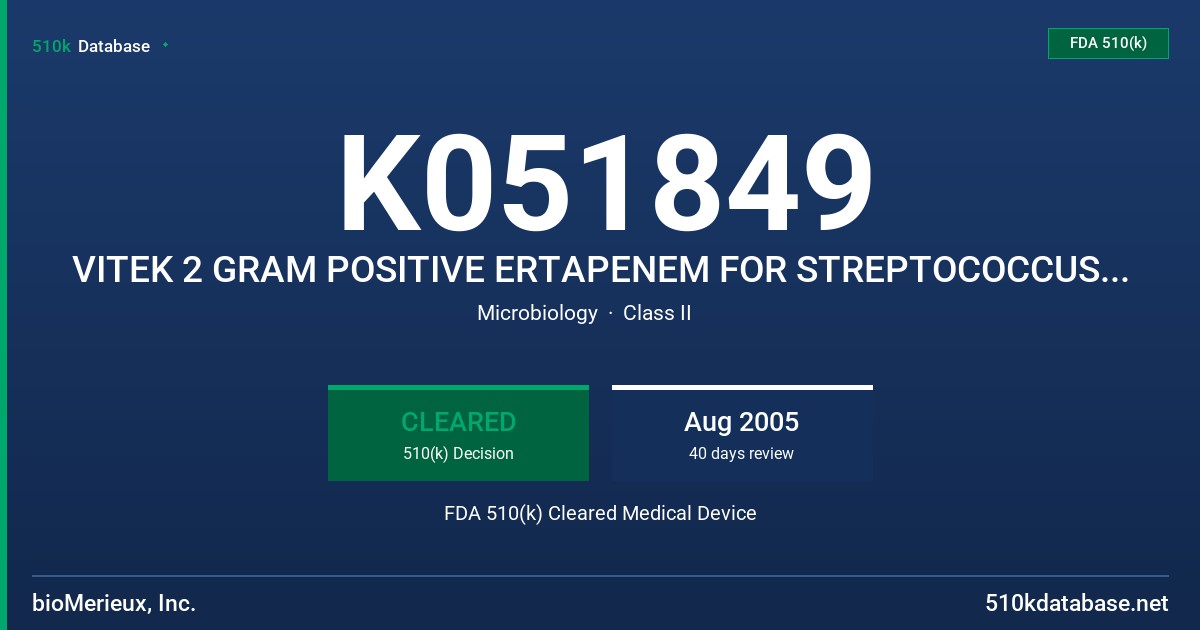 K051849 VITEK 2 GRAM POSITIVE ERTAPENEM FOR STREPTOCOCCUS PNEUMONIAE FDA 510(k) Cleared Medical Device