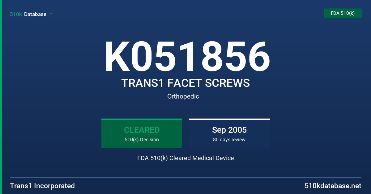K051856 TRANS1 FACET SCREWS FDA 510(k) Cleared Medical Device