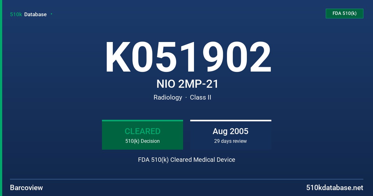 K051902 NIO 2MP-21 FDA 510(k) Cleared Medical Device