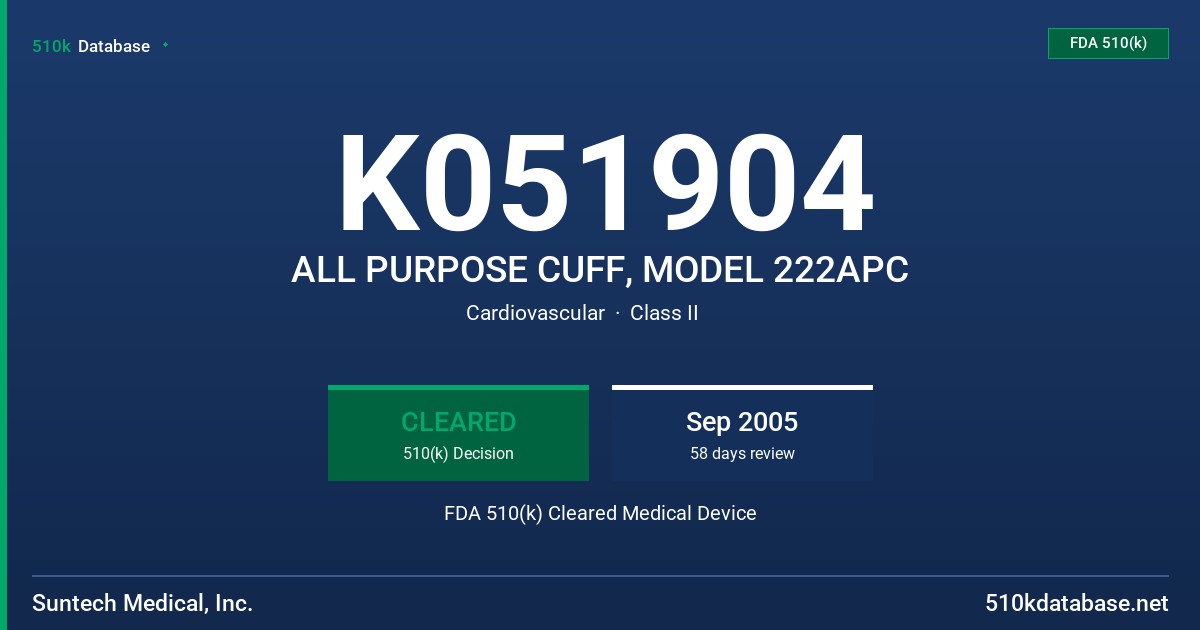 K051904 ALL PURPOSE CUFF, MODEL 222APC FDA 510(k) Cleared Medical Device