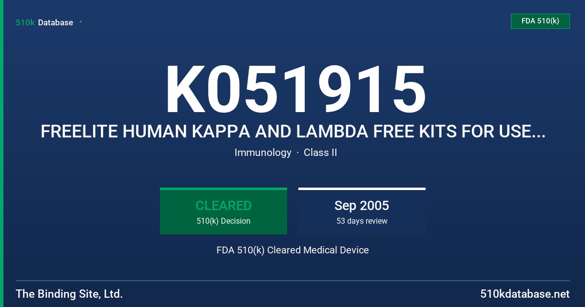 K051915 FREELITE HUMAN KAPPA AND LAMBDA FREE KITS FOR USE ON THE BAYER ADVIA 1650 ANALYZER FDA 510(k) Cleared Medical Device