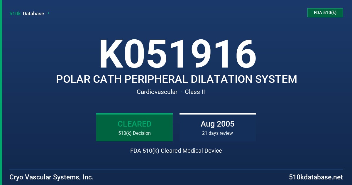 K051916 POLAR CATH PERIPHERAL DILATATION SYSTEM FDA 510(k) Cleared Medical Device