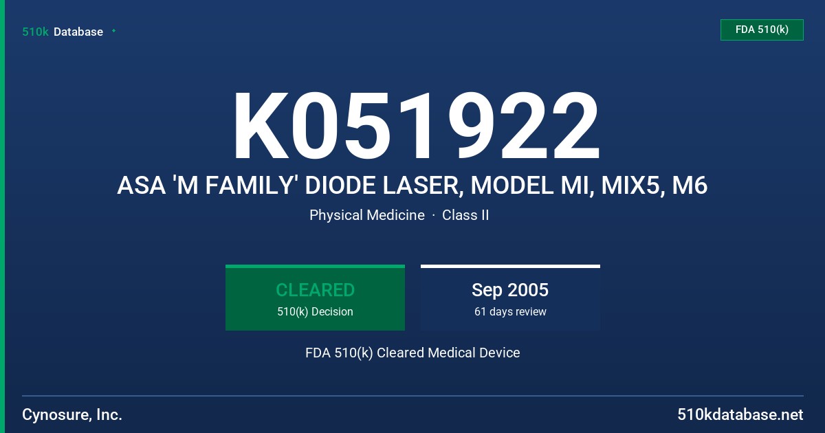 K051922 ASA 'M FAMILY' DIODE LASER, MODEL MI, MIX5, M6 FDA 510(k) Cleared Medical Device