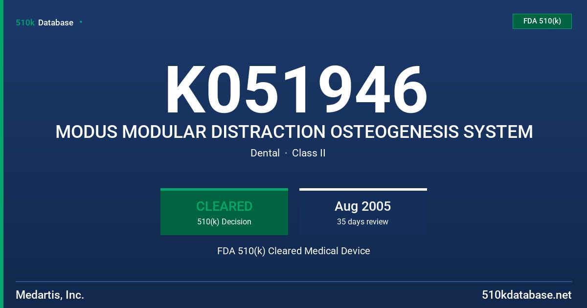 K051946 MODUS MODULAR DISTRACTION OSTEOGENESIS SYSTEM FDA 510(k) Cleared Medical Device