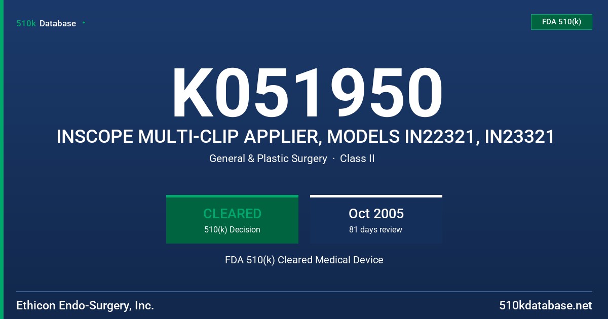 K051950 INSCOPE MULTI-CLIP APPLIER, MODELS IN22321, IN23321 FDA 510(k) Cleared Medical Device