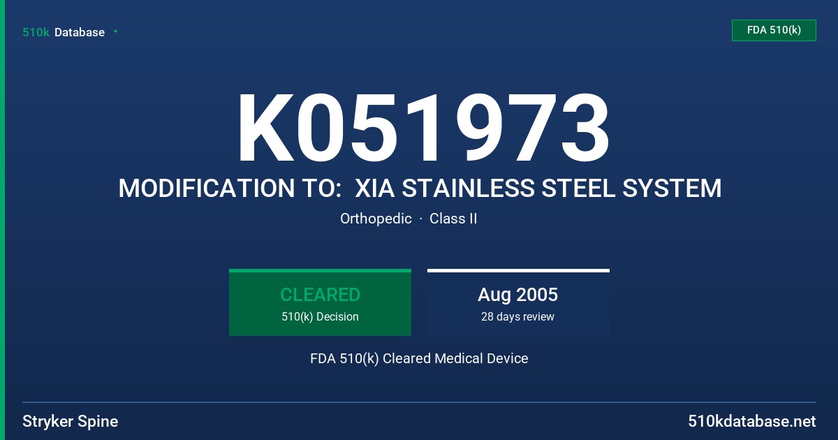 K051973 MODIFICATION TO:  XIA STAINLESS STEEL SYSTEM FDA 510(k) Cleared Medical Device