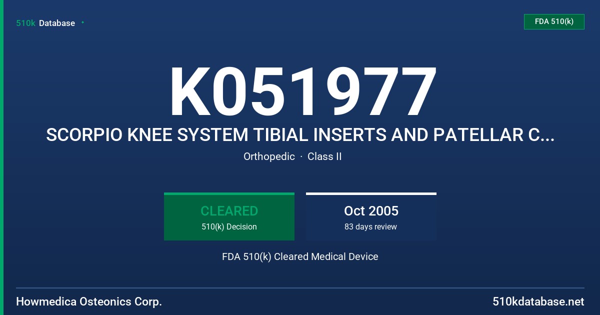 K051977 SCORPIO KNEE SYSTEM TIBIAL INSERTS AND PATELLAR COMPONENTS FDA 510(k) Cleared Medical Device