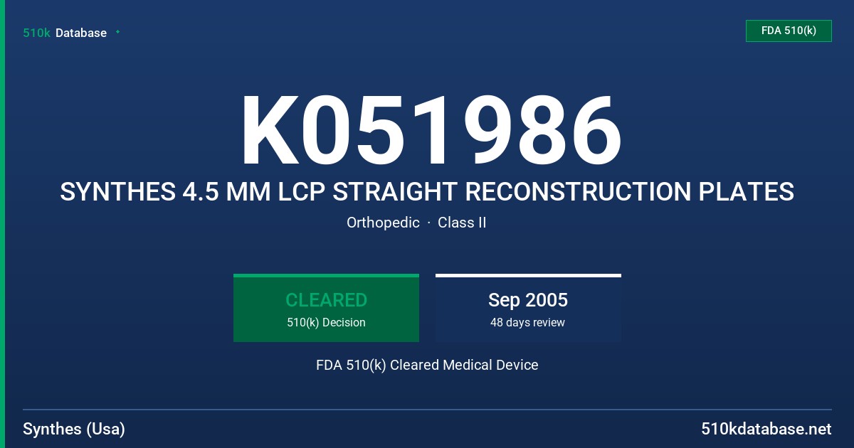 K051986 SYNTHES 4.5 MM LCP STRAIGHT RECONSTRUCTION PLATES FDA 510(k) Cleared Medical Device