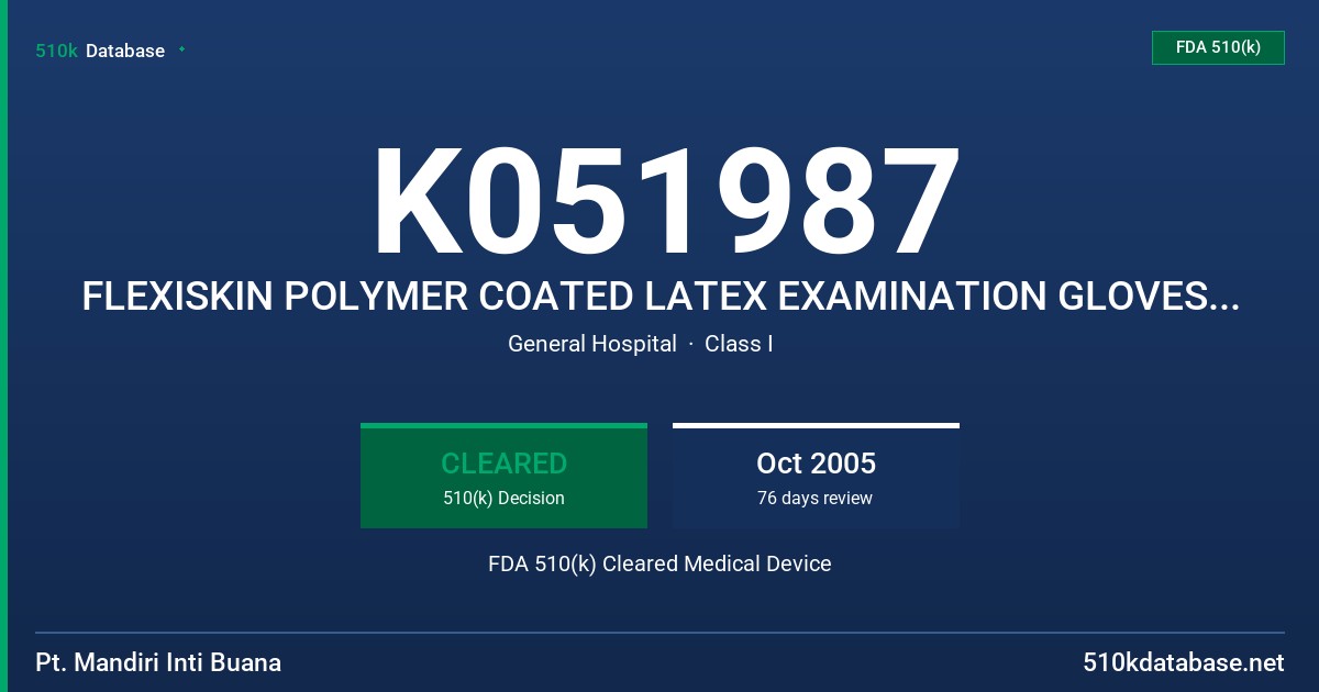 K051987 FLEXISKIN POLYMER COATED LATEX EXAMINATION GLOVES, POWDER FREE, NON-STERILE FDA 510(k) Cleared Medical Device
