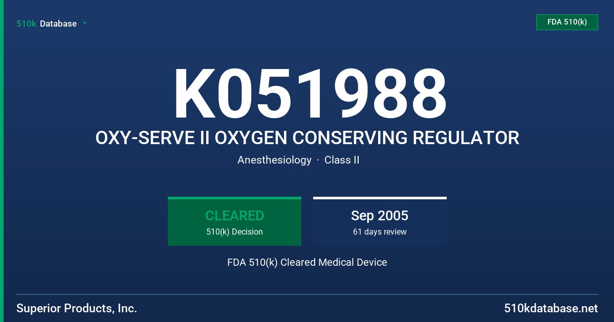 K051988 OXY-SERVE II OXYGEN CONSERVING REGULATOR FDA 510(k) Cleared Medical Device