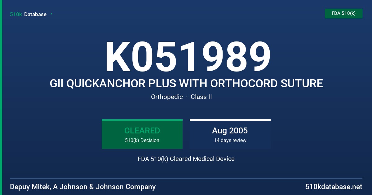 K051989 GII QUICKANCHOR PLUS WITH ORTHOCORD SUTURE FDA 510(k) Cleared Medical Device