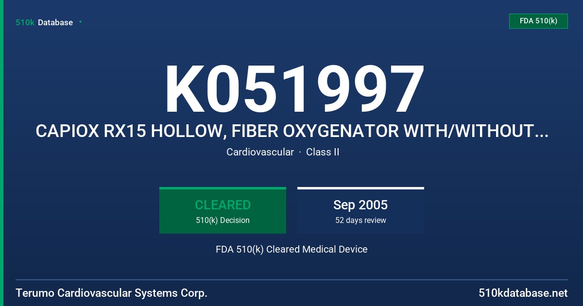 K051997 CAPIOX RX15 HOLLOW, FIBER OXYGENATOR WITH/WITHOUT HARDSHELL RESERVOIR FDA 510(k) Cleared Medical Device