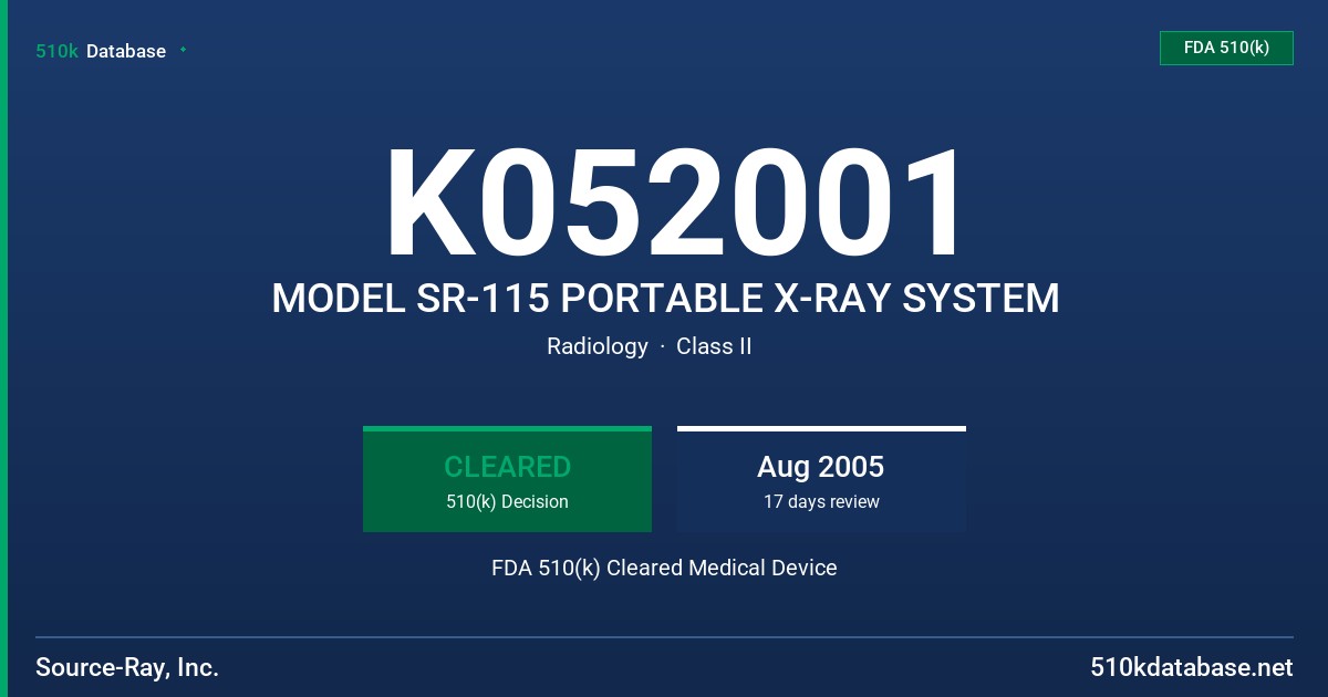 K052001 MODEL SR-115 PORTABLE X-RAY SYSTEM FDA 510(k) Cleared Medical Device