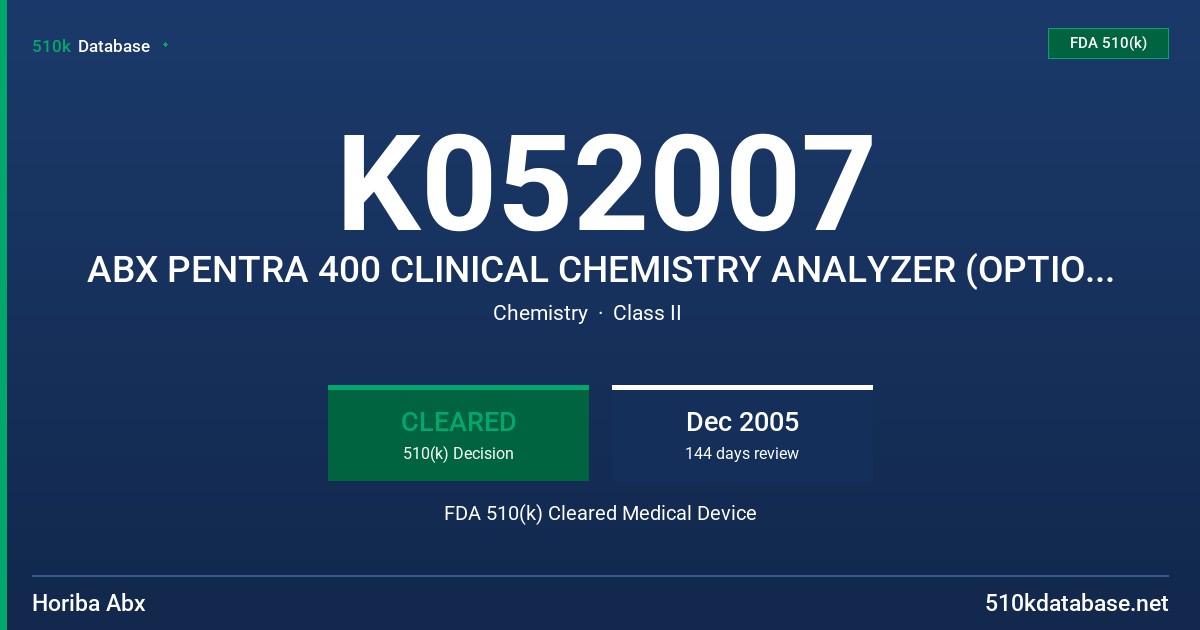 K052007 ABX PENTRA 400 CLINICAL CHEMISTRY ANALYZER (OPTION: I.S.E. MODULE) FDA 510(k) Cleared Medical Device