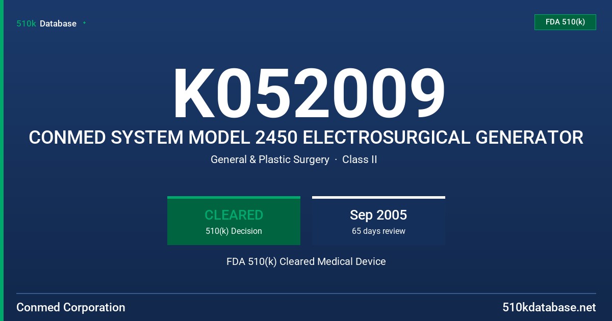 K052009 CONMED SYSTEM MODEL 2450 ELECTROSURGICAL GENERATOR FDA 510(k) Cleared Medical Device
