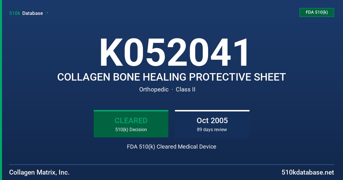 K052041 COLLAGEN BONE HEALING PROTECTIVE SHEET FDA 510(k) Cleared Medical Device