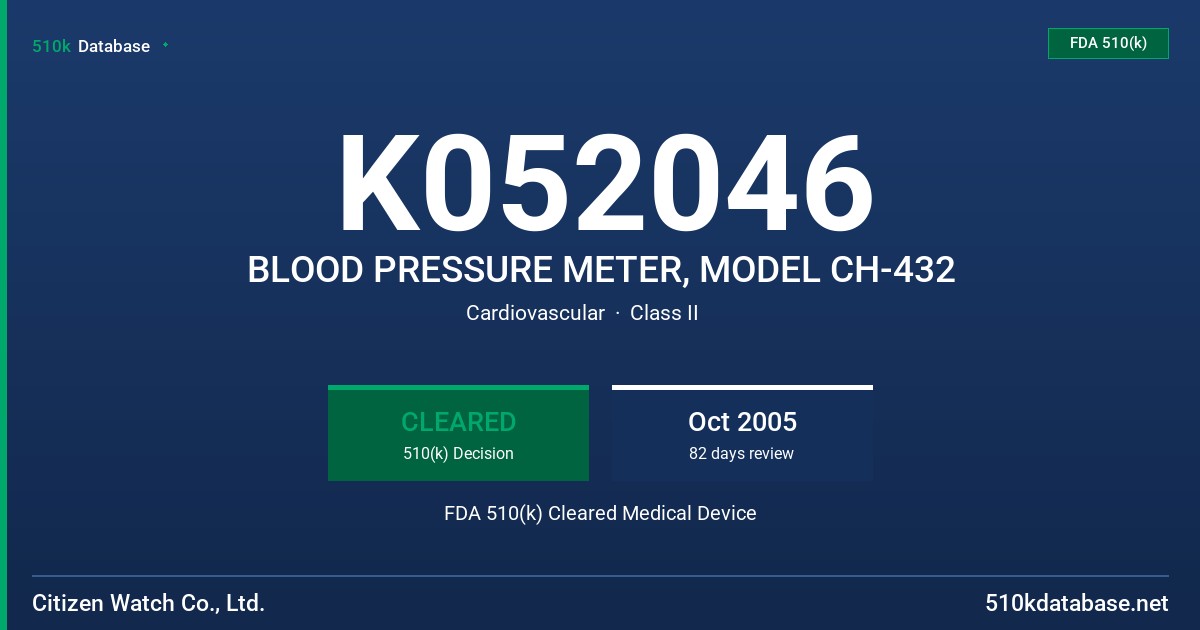 K052046 BLOOD PRESSURE METER, MODEL CH-432 FDA 510(k) Cleared Medical Device