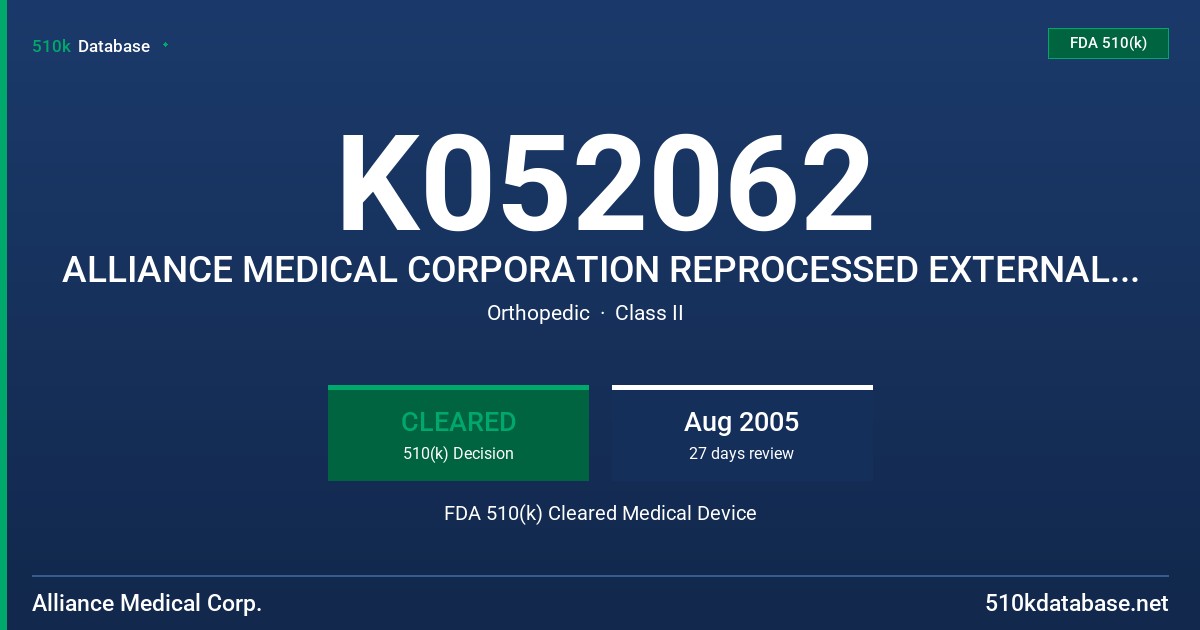 K052062 ALLIANCE MEDICAL CORPORATION REPROCESSED EXTERNAL FIXATION DEVICES FDA 510(k) Cleared Medical Device