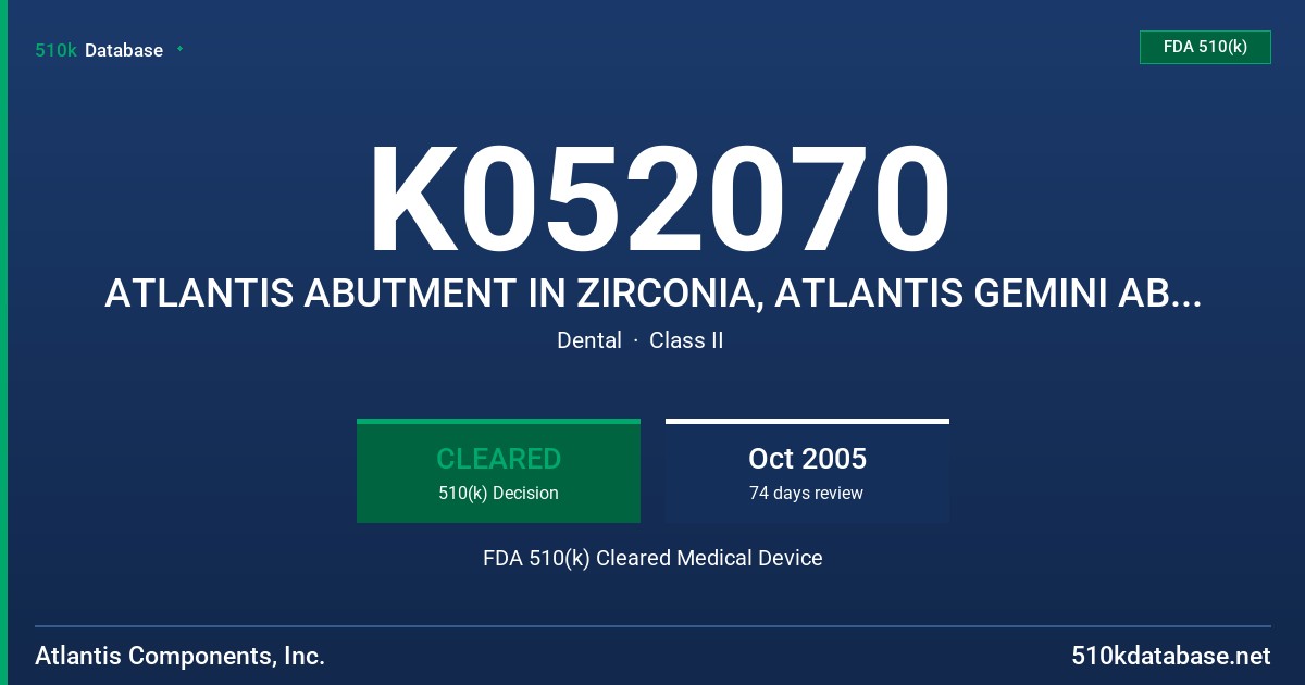 K052070 ATLANTIS ABUTMENT IN ZIRCONIA, ATLANTIS GEMINI ABUTMENT IN ZIRCONIA, ATLANTIS GEMEINI + ABUTMENT IN ZIRCONIA FDA 510(k) Cleared Medical Device