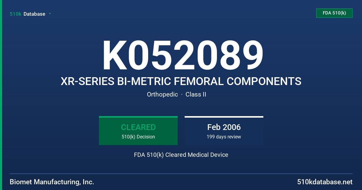 K052089 XR-SERIES BI-METRIC FEMORAL COMPONENTS FDA 510(k) Cleared Medical Device