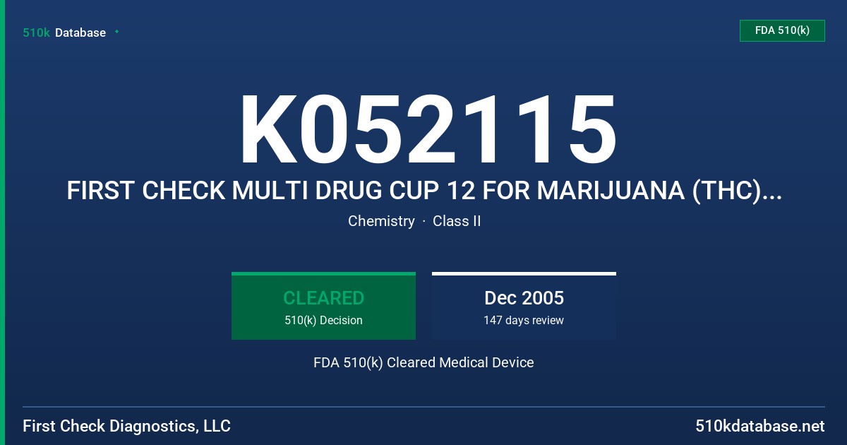 K052115 FIRST CHECK MULTI DRUG CUP 12 FOR MARIJUANA (THC), COCAINE (COC), AMPHETAMINE (AMP), METHAMPHETAMINE (MET), ECSTASY FDA 510(k) Cleared Medical Device