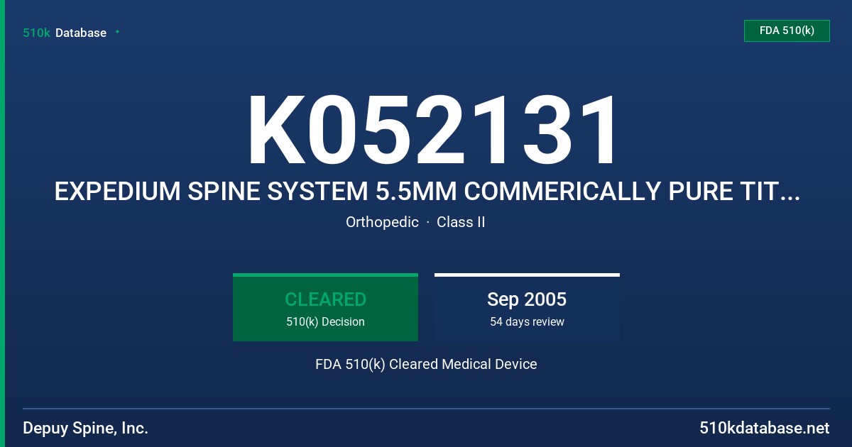 K052131 EXPEDIUM SPINE SYSTEM 5.5MM COMMERICALLY PURE TITANIUM SPINAL RODS FDA 510(k) Cleared Medical Device