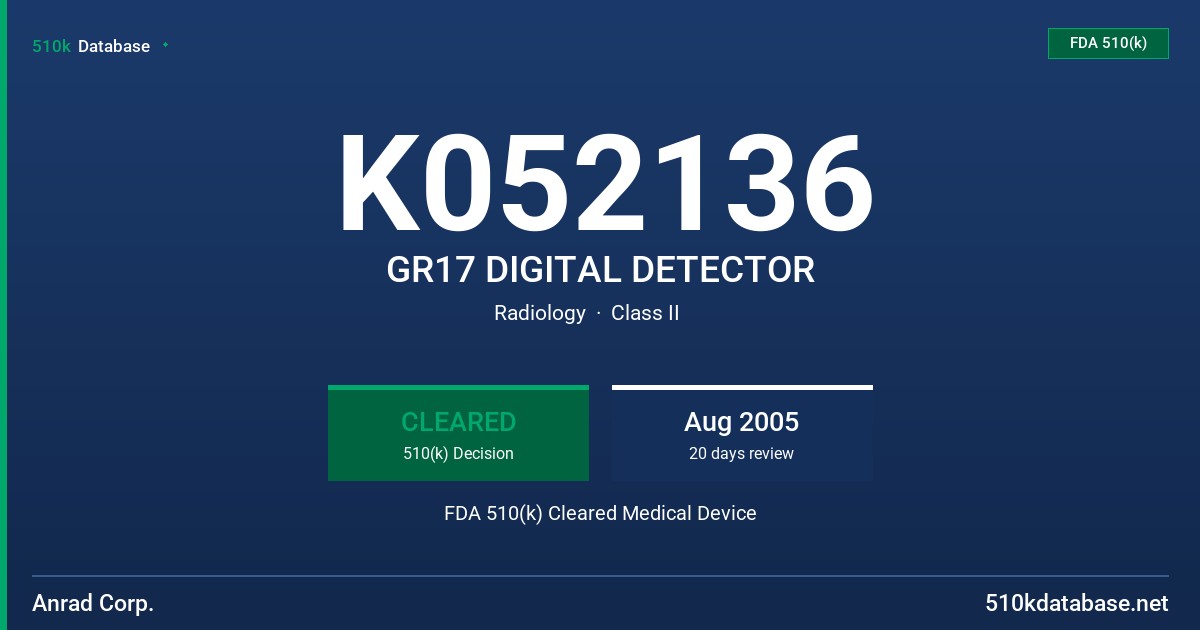 K052136 GR17 DIGITAL DETECTOR FDA 510(k) Cleared Medical Device