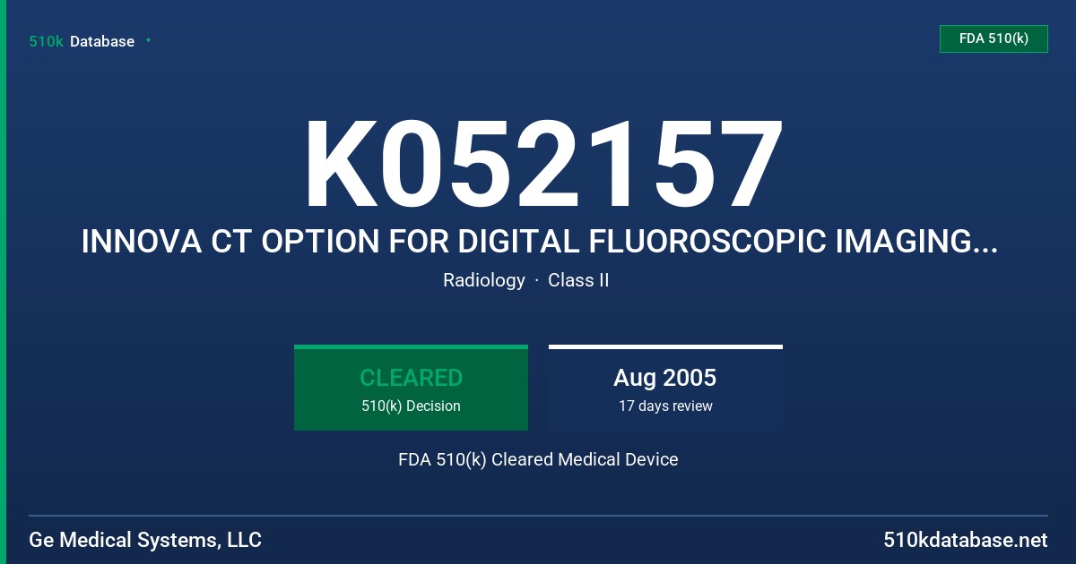 K052157 INNOVA CT OPTION FOR DIGITAL FLUOROSCOPIC IMAGING SYSTEMS INNOVA MODELS 4100, 4100IQ, 3100, 3100IQ & 2100IQ FDA 510(k) Cleared Medical Device