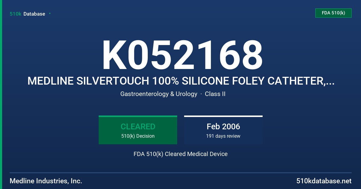 K052168 MEDLINE SILVERTOUCH 100% SILICONE FOLEY CATHETER, MODEL MEDLINE INDUSTRIES, INC. FDA 510(k) Cleared Medical Device