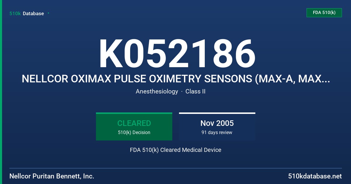 K052186 NELLCOR OXIMAX PULSE OXIMETRY SENSONS (MAX-A, MAX-AL, MAX-N, MAX-I, MAX-P FDA 510(k) Cleared Medical Device