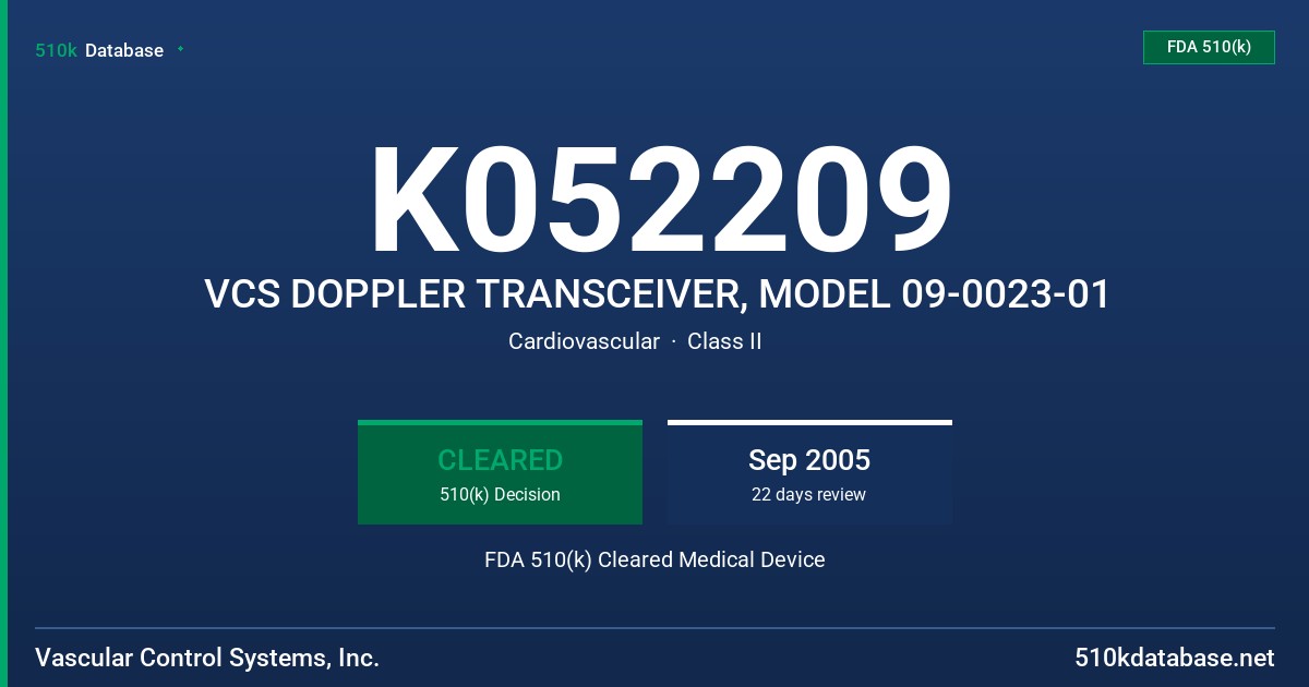 K052209 VCS DOPPLER TRANSCEIVER, MODEL 09-0023-01 FDA 510(k) Cleared Medical Device