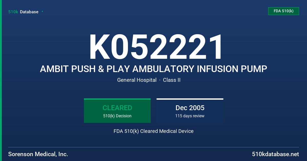 K052221 AMBIT PUSH & PLAY AMBULATORY INFUSION PUMP FDA 510(k) Cleared Medical Device