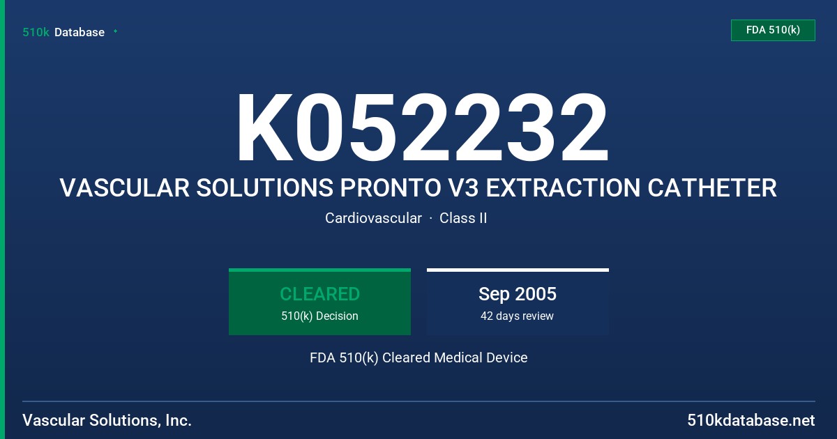 K052232 VASCULAR SOLUTIONS PRONTO V3 EXTRACTION CATHETER FDA 510(k) Cleared Medical Device