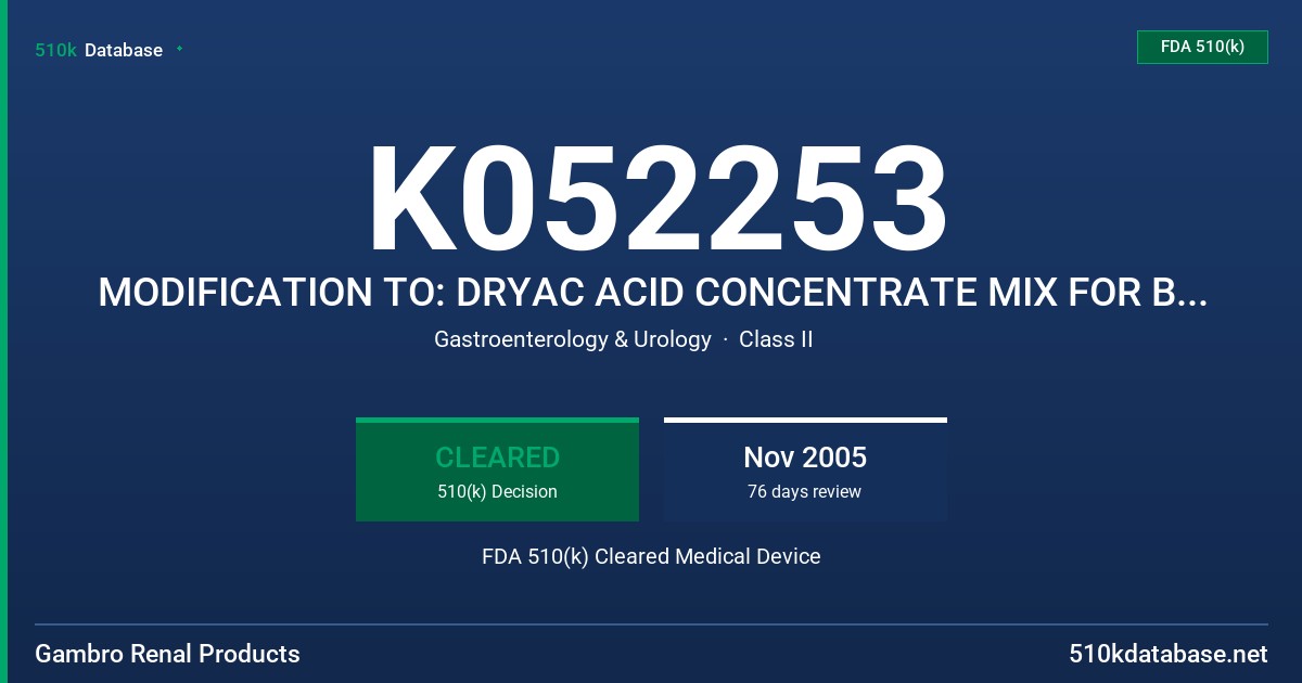 K052253 MODIFICATION TO: DRYAC ACID CONCENTRATE MIX FOR BICARBONATE HEMODIALYSIS FDA 510(k) Cleared Medical Device