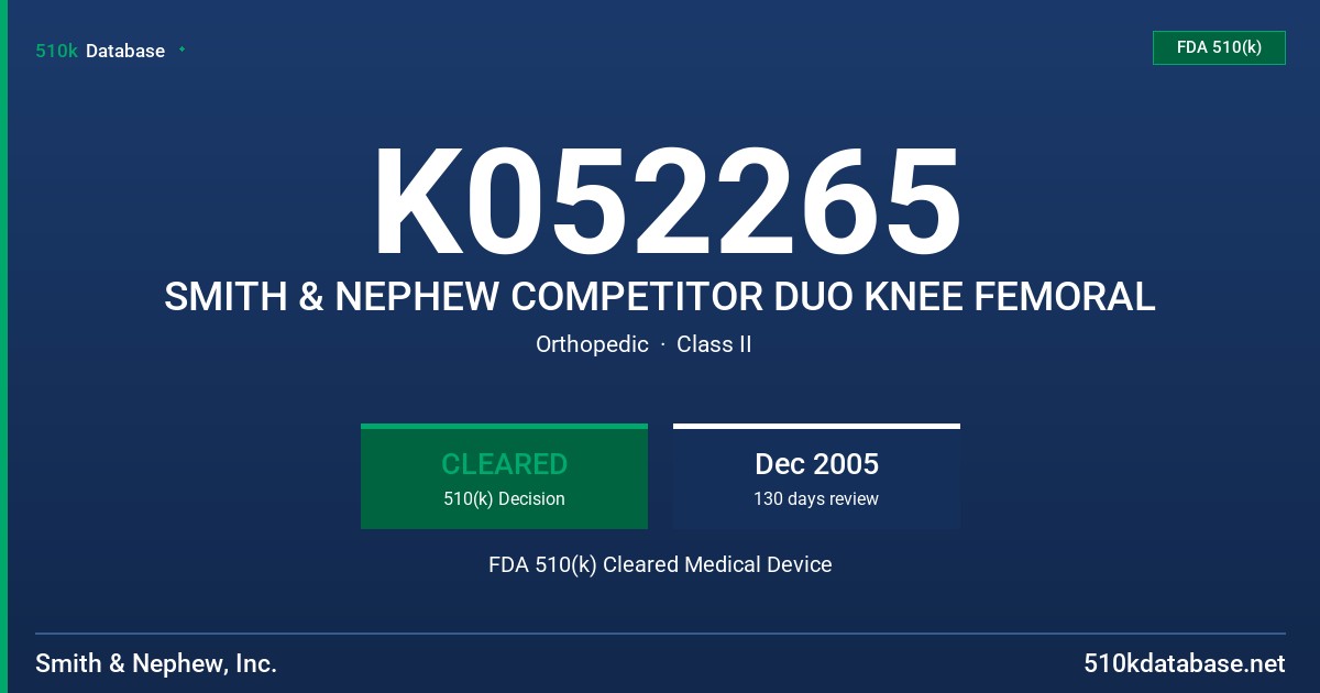 K052265 SMITH & NEPHEW COMPETITOR DUO KNEE FEMORAL FDA 510(k) Cleared Medical Device