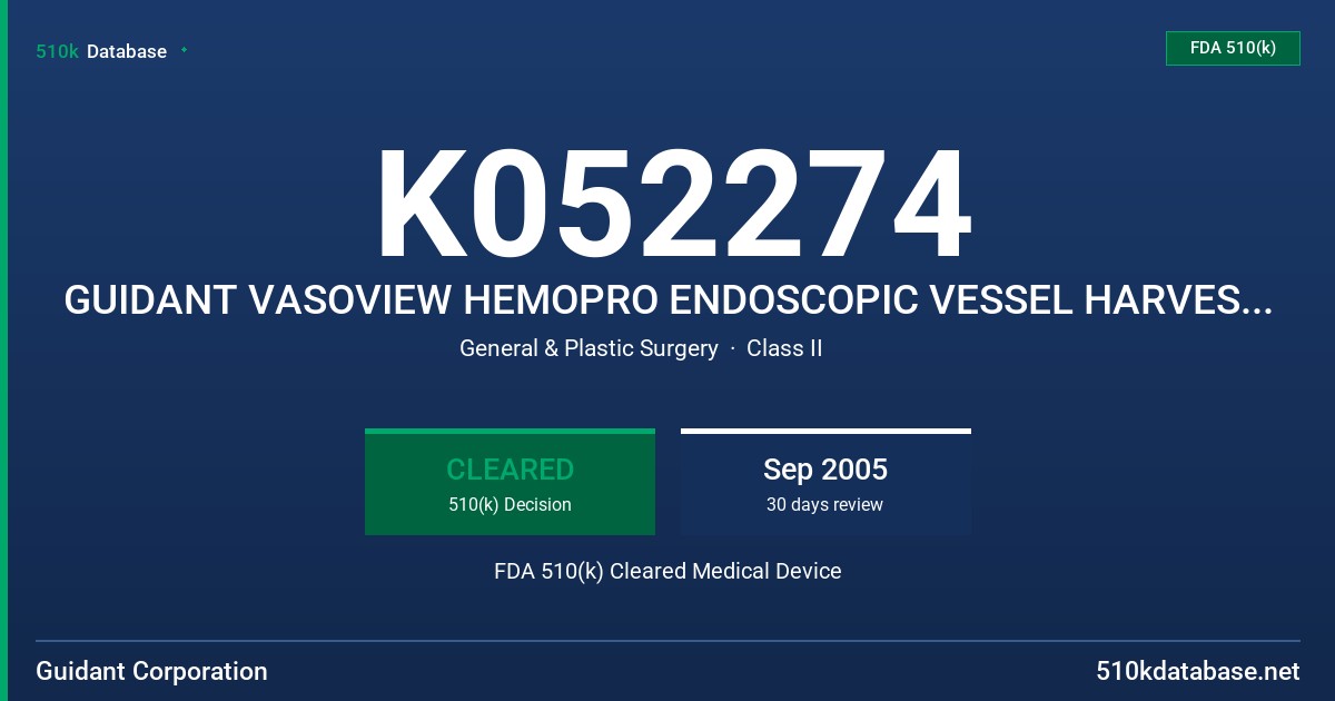 K052274 GUIDANT VASOVIEW HEMOPRO ENDOSCOPIC VESSEL HARVESTING SYSTEM, MODEL VH-3000 FDA 510(k) Cleared Medical Device