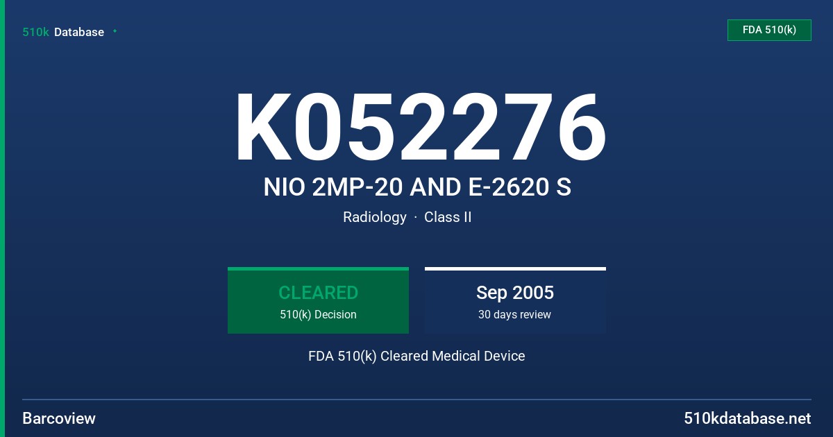 K052276 NIO 2MP-20 AND E-2620 S FDA 510(k) Cleared Medical Device