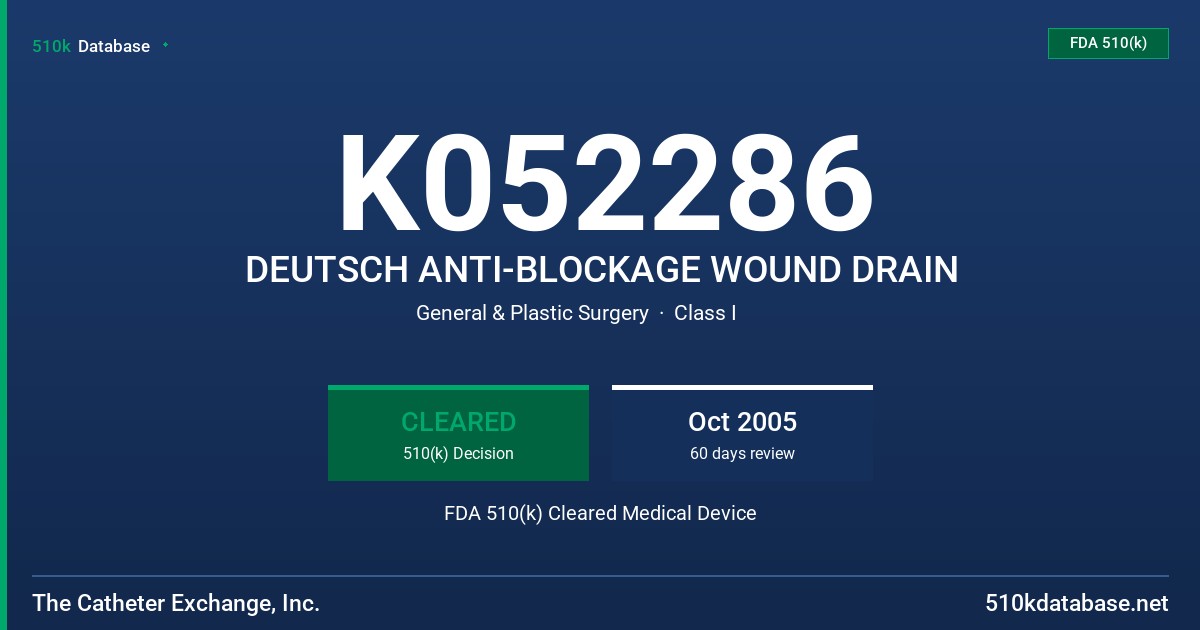 K052286 DEUTSCH ANTI-BLOCKAGE WOUND DRAIN FDA 510(k) Cleared Medical Device